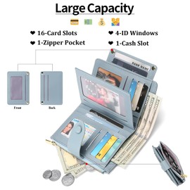 GAEKEAO Wallets for Women Leather RFID Blocking Credit Card Holder Bifold Clutch Zipper Coin with Removable ID Window