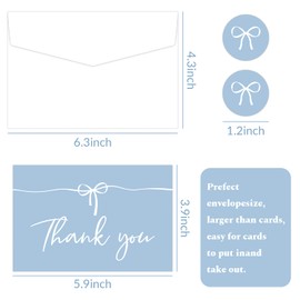 48Pack Blue Bow Thank You Card Set Includes 4×6In Cards, Blue Bow Stickers and White Envelopes,Blank Note Cards for Weddings,Bridal, Baby Showers,Birthday Party Supplies