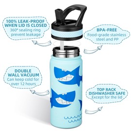 Fanhaw 550 ml Kids Insulated Water Bottle with Straw - Stainless Steel Double Wall Vacuum Cup, Leakproof, BPA Free, Suitable for Boys and Girls(Pale Blue - Big Shark)