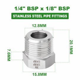 TAISHER 2 Pcs Forging of 304 Stainless Steel Reducer Hex Bushing, 1/4" Male BSP to 1/8" Female BSP, Reducing Forging Pipe Adapter Fitting, for Water Oill Air Gas