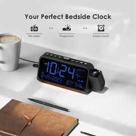 ROCAM Radio Alarm Clock with Projection, Projection Alarm Clock for Bedroom, Alarm Clock Digital, Dimmer, Type-C USB Charger, Loud Alarm Clock with Weekend/Weekday Mode, Date, Temperature, Night Light