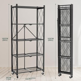 FREGREE 64" H 5 Tier Foldable Storage Shelf with Wheels, Folding Shelving Loads 500 LBS, Metal Steel Garage Shelves, Rolling Standing Utility Rack for Kitchen, Pantry, Office, Black