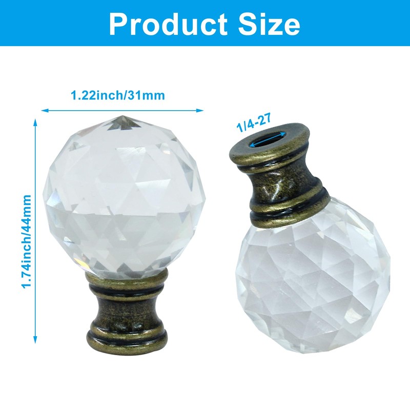 Seimneire Diamond Crystal Glass Lamp Finials, Clear Lamp Shade Top