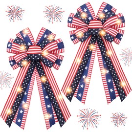 CraftyDream 2 Pcs Large Patriotic Memorial Day Lighted Wreath Bow Decor,4th of July Red White Blue Burlap American Flag Star Wreath Indoor Outdoor Tree Topper Independence Day Decor(Classic Style)