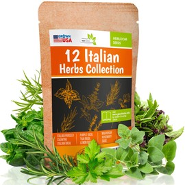 12 Italian Herb Seeds Pack - Heirloom and Non GMO, Grown in USA - Indoor or Outdoor Garden - Four Basil Varieties and Parsley, Cilantro, Rosemary, Thyme, Oregano, Marjoram, Sage, Arugula
