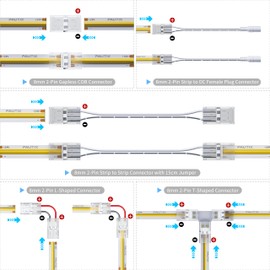 PAUTIX 8mm Connectors for 2-Pin COB LED Strip Lights,4pcs Transparent Gapless Connectors,4pcs Dual End,1pc Single to DC Female Plug 7.9in Extension Wire,2pcs L-shaped Connectors,1pc T-shaped Connector