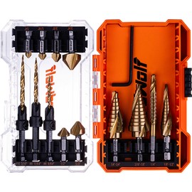 NordWolf 13-Piece HSS Titanium Hex Shank Spiral Flute Step Drill, 82-Degree 3 Flutes Countersink & Tapered Drill 4 Cutters Countersink and Saw Drill Bit Set in Storage Case