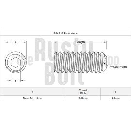 The Rusty Bolt Shop M5 x 5mm, Socket Set Screws Cup Point, A2 304 18-8, Stainless Steel - 10