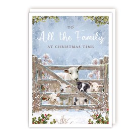 Tracks Publishing All The Family Christmas Card - Sheep and Dog by Snowy Farm Gate - Eco-Friendly