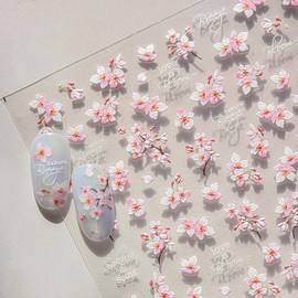 5D Flower Nail Stickers for Nail Art,Pink Flower Nail Art Stickers 1PCS 5D Embossed Pink White Gradient Peach Blossom Floral Nail Decals Self-Adhesive Nail Accessories for Women Manicure Decorations