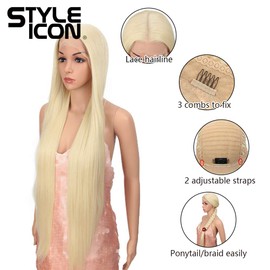 Style Icon Wig 38 Inches Lace Front Wig Human Hair Quality Super Long Straight Wigs for Women Synthetic Hair Replacement HD Lace 150% Density (Middle Part 38 Inches, 613)