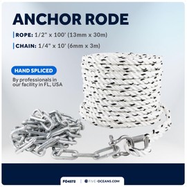 Five Oceans Anchor Rode and Chain - Hand-Spliced Anchor Rope and Chain Kit, 1/2" x 100' Nylon 3-Strand Anchor Rope with 1/4"x10' Hot-Dipped Galvanized Steel Anchor Chain, Shackle and Thimble - FO4572