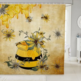 Yellow Bee Bathroom Shower Curtains,Sweet Honey Can Shower Curtain For Teens Adult Women,Gerbera Floral Bath Curtain Set Waterproof With Hooks,Vintage Cartoon Shower Stall Curtain,72"W X 72"L
