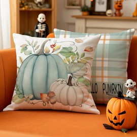 Luzzxfa Set of 2 Thanksgiving Day Cushion Covers, 40 x 40 cm, Blue Pumpkins, Autumn Cushion Covers, Orange Leaves, Sofa Cushion, Velvet Cushion Cover, Decorative Cushions for Garden, Parties, Living