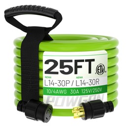 POWGRN 25Feet 30 Amp Generator Extension Cord 4 Prong,Heavy Duty NEMA L14-30P/L14-30R,125/250V 7500W,Green 10 Gauge SJTW Twist Locking Generator to House Power Cords with Cord Organizer,ETL Listed