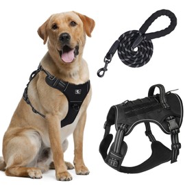 Muecleao Tactical Dog Harness with Leash Set, No-Pull Adjustable Military Vest for Large Dogs, Reflective & Durable K9 Training Harness with Handle for Outdoor, Walking, and Service Use (Black, M)