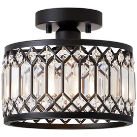 1-Light Crystal Ceiling Light Fixture Black Semi Flush Mount Chandelier with Drum Shade Dia 9" Lighting Fixtures for Hallway Kitchen Entryway Bedroom Laundry Room