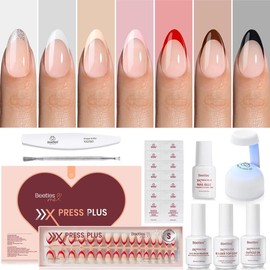 Beetles X Press Plus-Lite Kit French Tips Square Almond French Tip Press on Nails with Nail Glue Builder Top Coat Squoval Press on Nails DIY Manicure Gift for Women #TikTokShopBacktoSchool:_Universal Charm-S-Almond-Nude-224Pcs-16Sizes-Kit