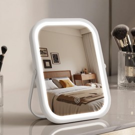 Bearolve Vanity Mirror with Lights, 8"×6" LED Makeup Mirror Built-in 1500mAH Lithium Battery, Smart Touch with 3-Color Lighting,Lighted Up for Makeup Desk (White)