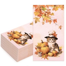 WRAPAHOLIC 50Pcs Fall Cat Paper Napkins, 3 Ply Guest Disposable Hand Towels for Bathroom, Autumn, Thanksgiving Party Supplies Tableware - 4.3 x 7.9 In
