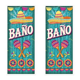 Beistle Baño Door Covers, 2-Count, Fiesta Party Decorations with Mexican-Inspired Design, Bright Sombrero and Maracas Print, Restroom Sign for Cinco de Mayo, Taco Night and Holidays, 6’ x 30”