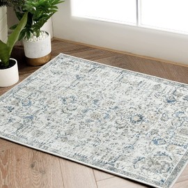 Jinchan - Alfombra de entrada de 2 x 3 pulgadas, estilo clásico, para entrada interior, estilo retro, envejecido, color azul, con estampado multifloral, estilo rústico, bohemio, tapete antideslizante, baño, cocina, recámara