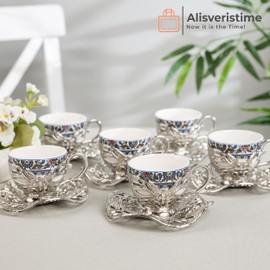 Alisveristime Turkish Coffee Set for Six, 6 Topkapi Design Porcelain Cups with Zamac Holders and Saucers, Two Color Variations: Gold and Silver (Topkapi-Design) (Silver)