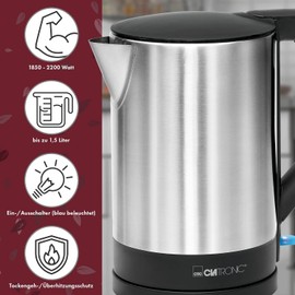 Clatronic® Wasserkocher Edelstahl | 1,5 Liter | BPA frei | Einhandbedienung | Edelstahlgehäuse | Kettle | Station mit Kabelaufwicklung | Wasserkocher schwarz | WKS 3692 schwarz