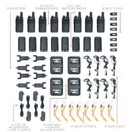 BTECH FRS-B1 8 Pack FRS Business, Adult Walkie Talkies, NOAA, High Output Two-Way Radio. Full Kit with Earpiece Kit, Holsters, Desktop Charger, Built in Flashlight, NOAA, and More