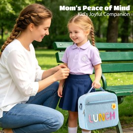 Blue Corduroy Kids Lunch Bag, Colorful Knit Letters & Flower Insulated Lunch Box Gifts for Girls Daughter, Large Capacity Soft Lunch Containers Crossbody Cooler Bag for Back to School Travel Picnic