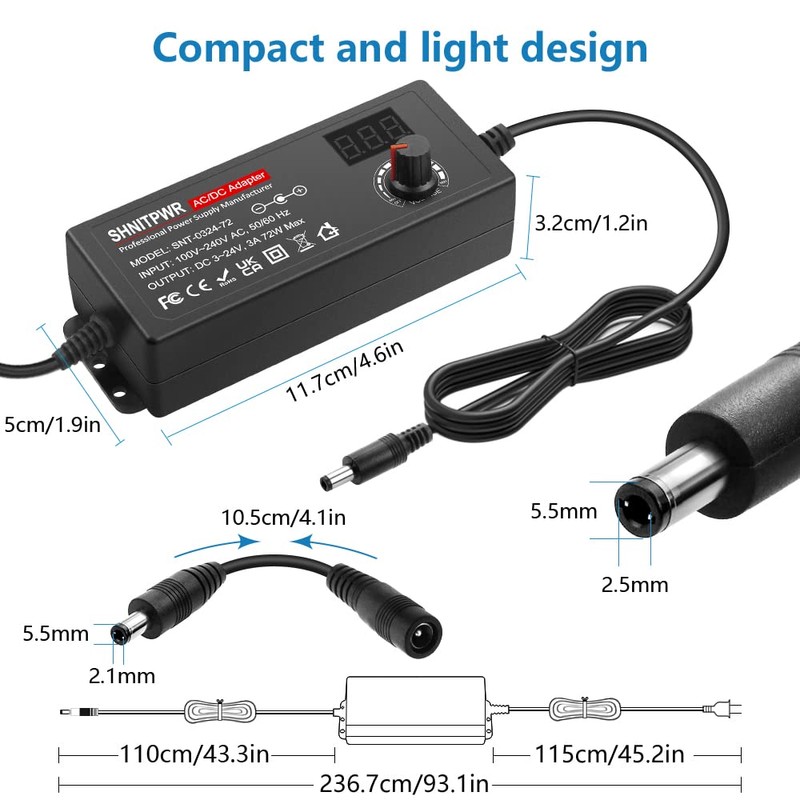 SHNITPWR 3V ~ 24V 3A 72W Power Supply Adjustable DC