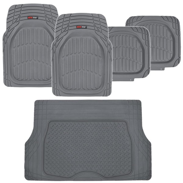 Motor Trend FlexTough Deep Dish Heavy Duty Rubber Floor Mats & Cargo Liner for Trunk All Weather (Gray) - Complete Coverage Set