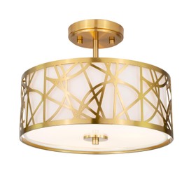 Edwarmlux 3-Light Semi Flush Mount Ceiling Light, 12.6" Drum Light with White Fabric Shade, Modern Close to Ceiling Lamp for Living Room Bedroom Dining Kitchen Hallway Entry Foyer (Brushed Gold)