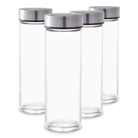 Juice Bottles - 4 Pack Wide Mouth Glass Bottles with Lids - for Juicing, Smoothies, Infused Water, Beverage Storage - 16oz, BPA Free, Stainless Steel Lids, Leakproof, Reusable, Borosilicate