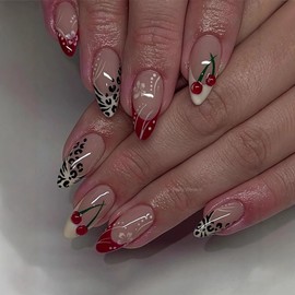 BABALAL Press on Nails Almond Fake Nails Medium Glue on Cheetah Print Y2k 3d Texture Cherry Handmade French Tip Acrylic False Nails 24Pcs Stiletto Full Cover Handmade Nails for Women Girls