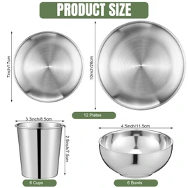 Jinei 24 Pcs 304 Stainless Steel Dinner Set Include 12 Pcs 7 Inch 10 Inch Stainless Steel Plates, 6 Pieces Bowls and 6 Pieces Cups, Reusable Metal Utensils Dinnerware for Home Outdoor Picnic Kitchen
