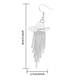 Western Cowgirl Earrings Ladies Enamel Hat Shiny Crystal Waterfall Tassel Dangle Earrings Country Concert Prom Cowboy Dress Charm Earrings Jewelry Gifts for Women (white)