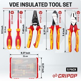 CRIPOP 5 PCS Insulated Screwdriver & Pliers Set, 1000V Insulated Electrician Tool Kit with Phillips and Slotted Screwdrivers, Wire Stripper/Linesmen's/Diagonal Pliers and Storage Case