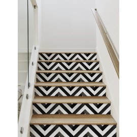Chevron Striped Wood Stair Riser Strips (Black & White, 15 Pack - 48" w x 6" h)