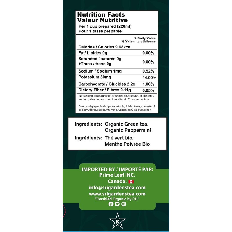 Sri Gardens Tea Green Tea Peppermint Tea Bags, 20 count