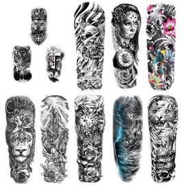 HOWAF Extra Large Waterproof Temporary Tattoos 8 Sheets Full Arm Fake Tattoos and 3 Sheets Half Arm Tattoo Stickers for Men and Women Adults, Military Warrior Rose Wolf Lion Tiger