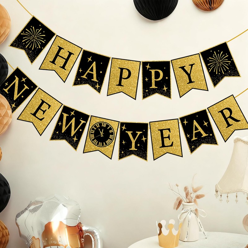Happy New Year Banner Decorations Pre Assembled Glitter Gold Black
