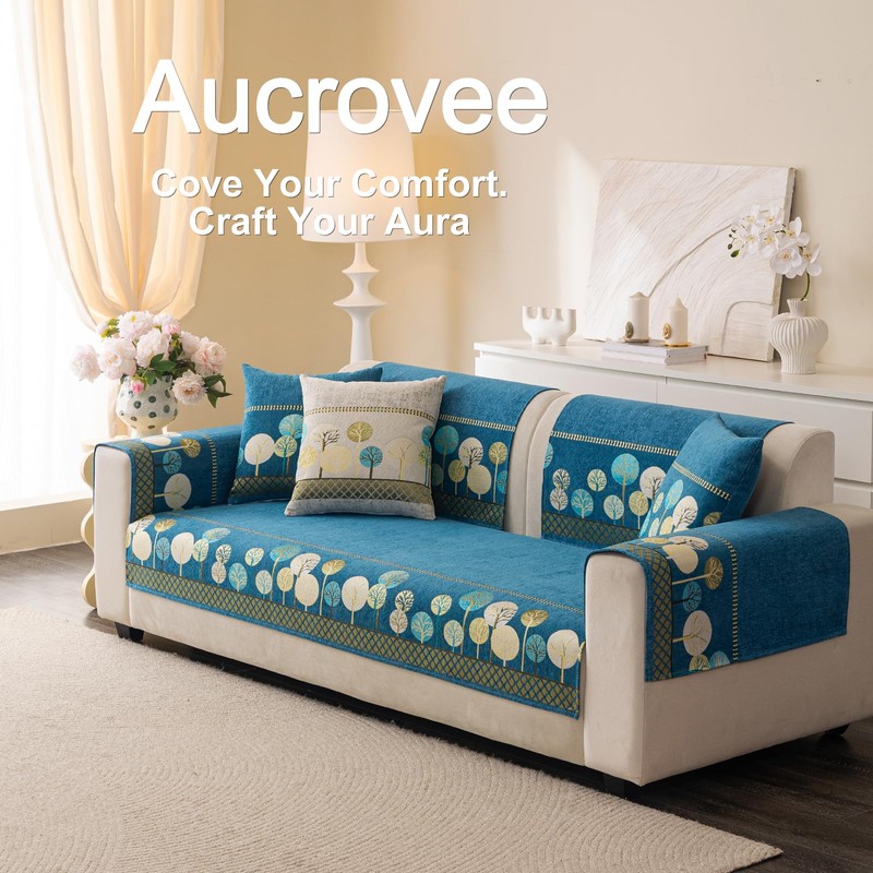 Aucrovee Chenille Boho Jacquard Couch Cover, Washable Sectional Sofa Covers