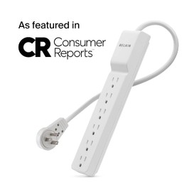 Power Strip, Belkin Surge Protector 6 AC Multiple Outlets, Flat Rotating Plug, 6 ft Long Heavy Duty Extension Cord for Home, Office, Travel, Computer Desktop & Charging Brick, White (1080 Joules)