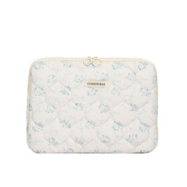 Attria Fairycore Laptop Case for Women Floral Carrying Tablet Bag Cover Puffy Quilted Computer Liner Bag 11-15.6 Inch (11 Inch,White)