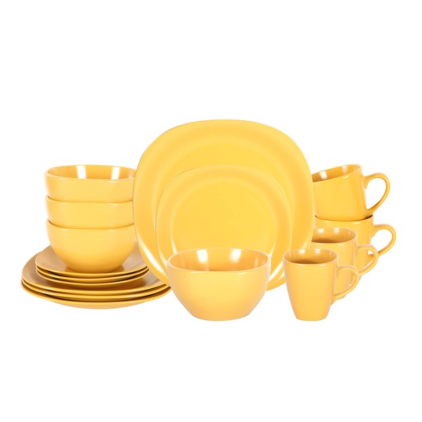 HomeVss, Stoneware Square 16pc Dinnerware Set, Matte Yellow