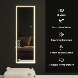 NeuType Full Length Mirror with LED Lights 47"x16" Lighted Over The Door LED Mirror with Hangers Full Body Wall Mirror Aluminum Frame Dimming & 3 Color Modes for Bedroom LED Door Mirror, Silver