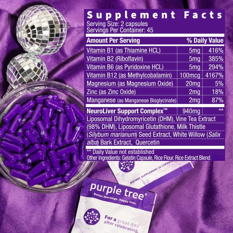 purple tree Post-Celebration Wellness Supplement | Liposomal Dihydromyricetin (DHM), L-Glutathione,