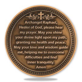 Archangel Raphael Christian Challenge Coin - Ficha de oración de sanación y protección, moneda religiosa de bolsillo para fe y aliento, incluye funda acrílica transparente