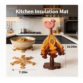 KATIEER Bamboo Trivet Set for Hot Dishes, 5 Pieces with Stand stored Like a Christmas Tree,Foldable Kitchen Trivet,for Hot Dishes、Pot、Bowl、Teapot (Fish)